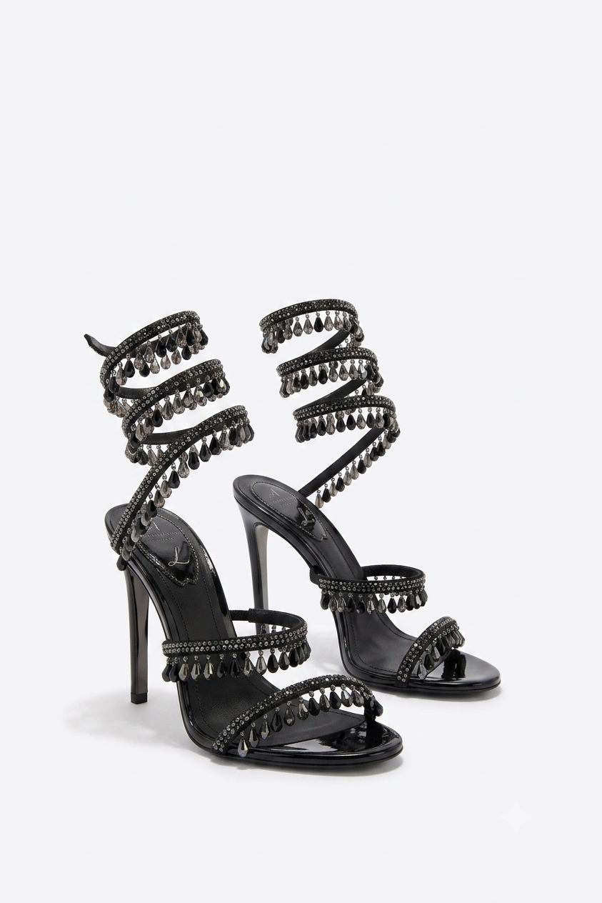 Rene Caovilla Crystal Fringe Spiral Wrap Heels